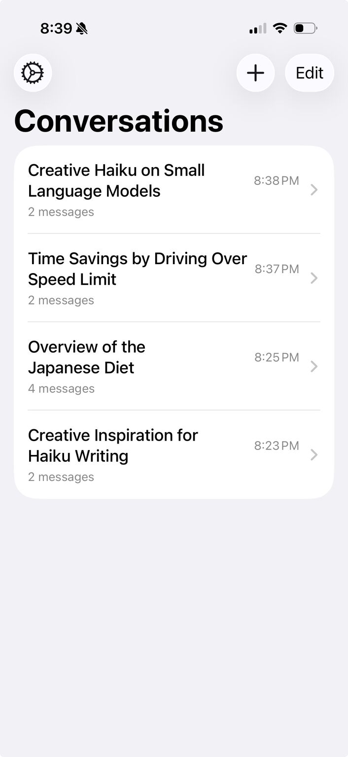 Messages-style interface for Apple Intelligence foundation models